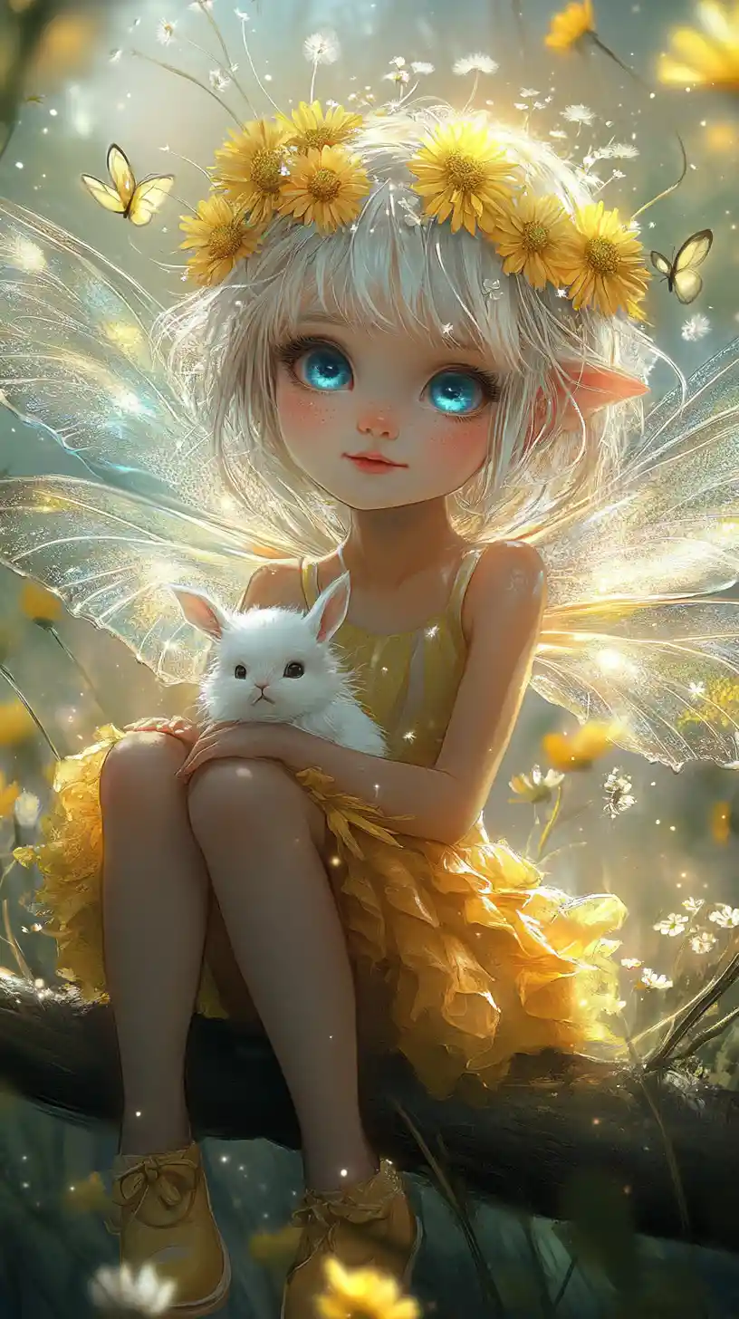 Cute fairy girl holding a white rabbit on a branch