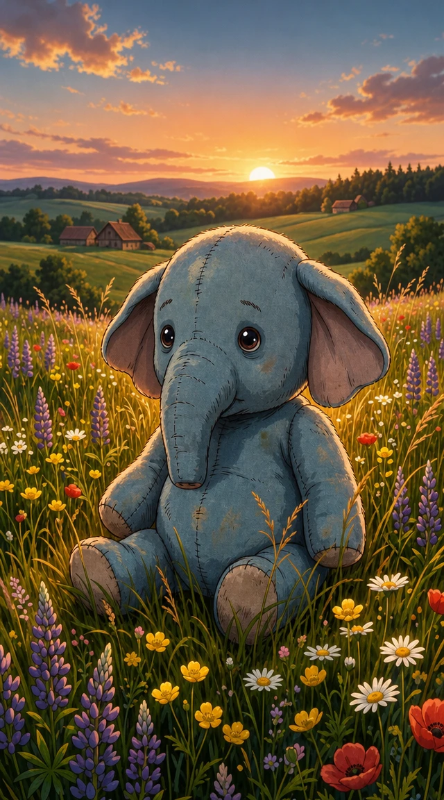 Stuffed animal in a wildflower meadow at golden sunset