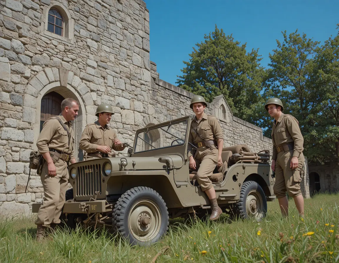 World War II soldiers helping women beside a military jeep
