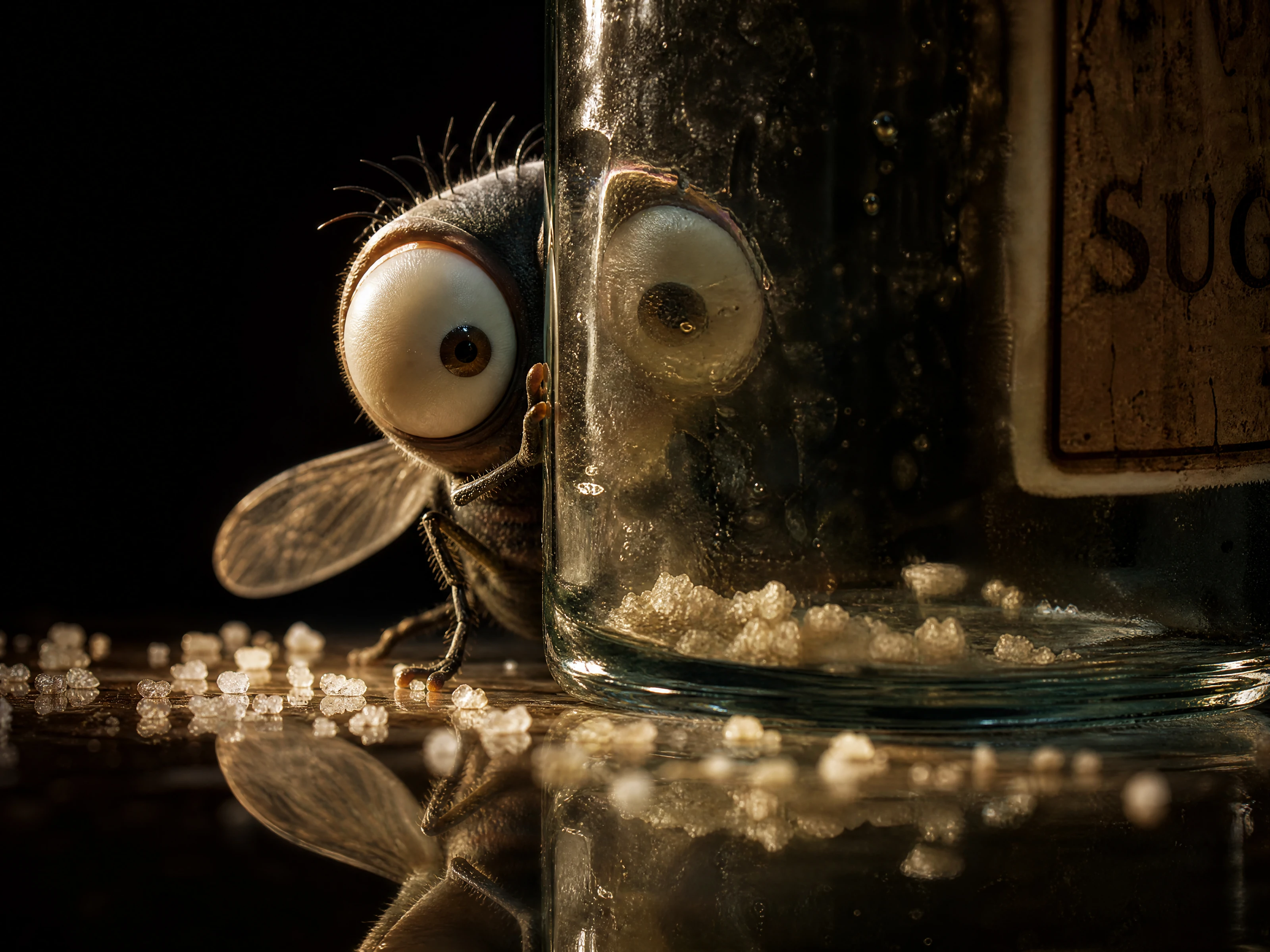 Cartoon fly peeking from behind a glass bottle
