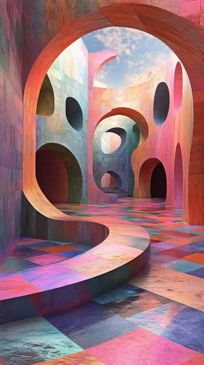 Portale geometrico surreale in un vivido caos architettonico astratto