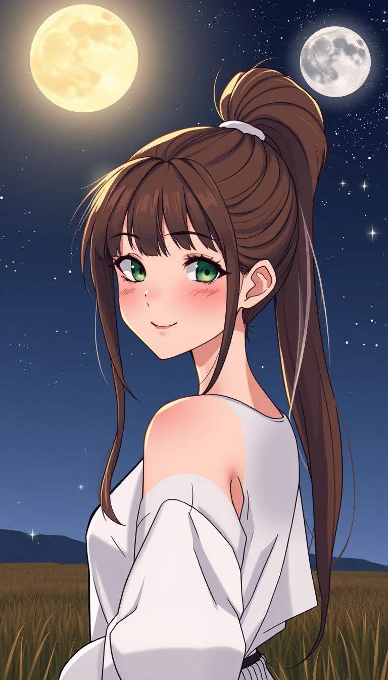 Confident girl in manhwa style under moonlit night sky