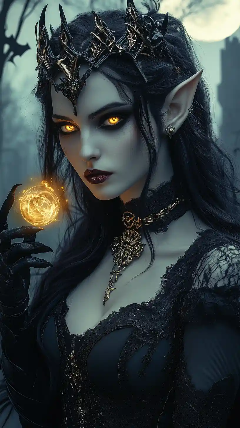 Dark elf queen holding a glowing fire orb