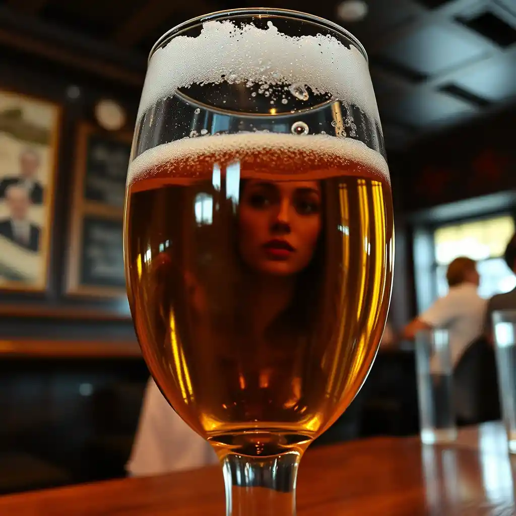 Beer glass view of a woman across the pub