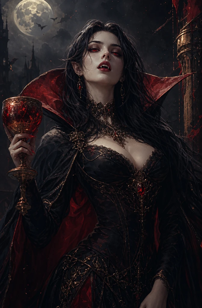 Vampire woman with chalice in a dark painted scene