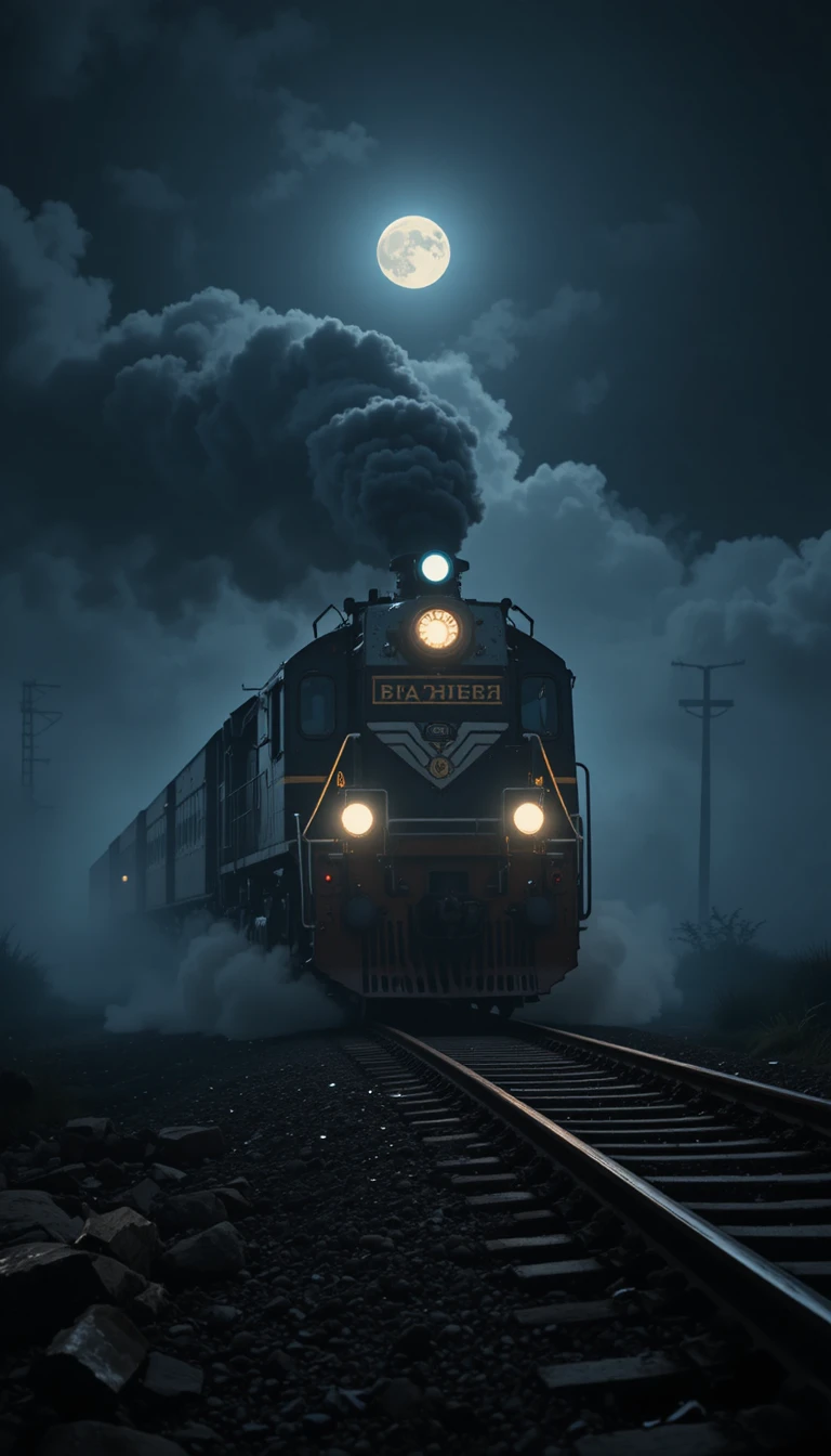 Indian passenger train racing through foggy moonlit night