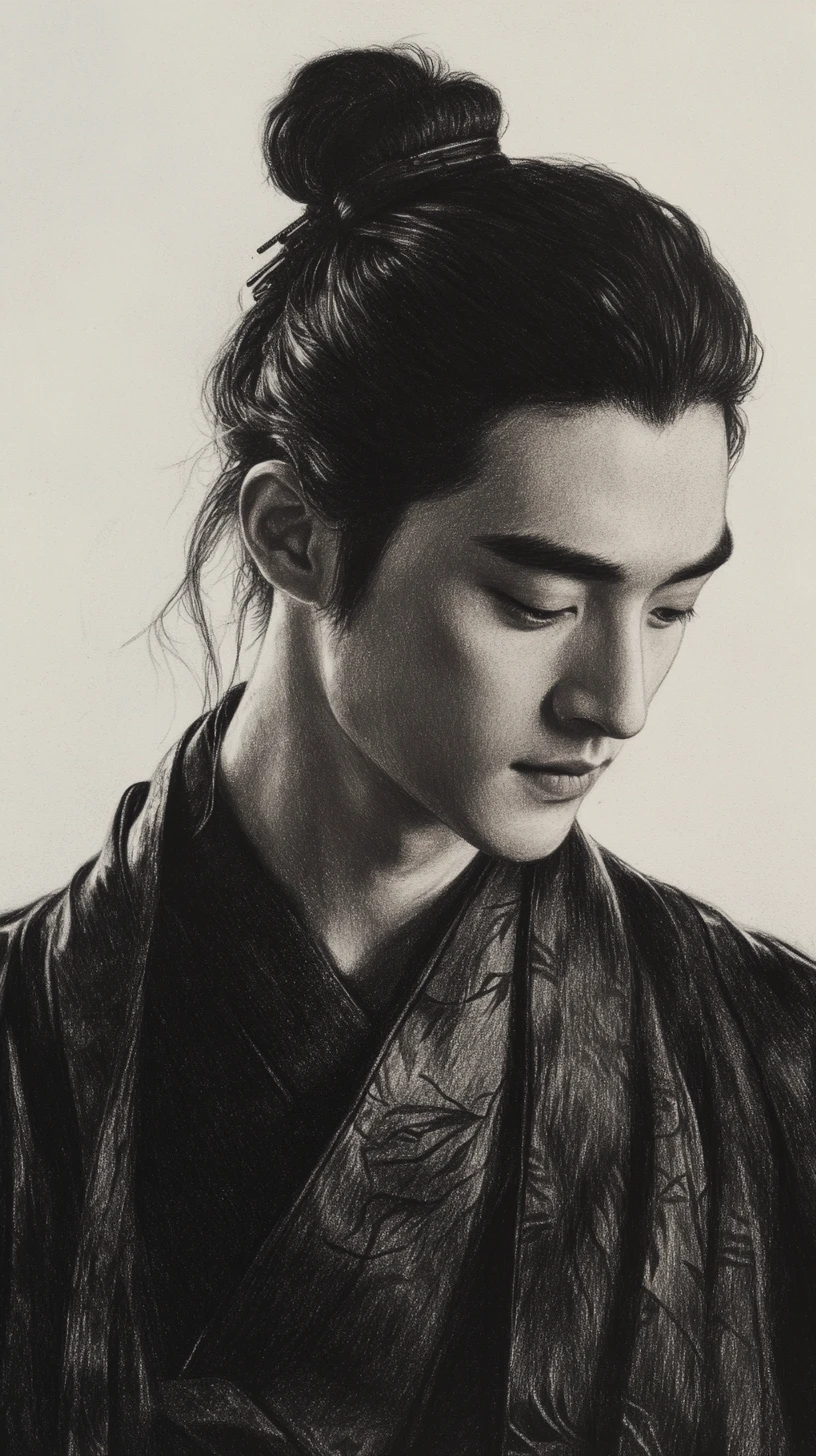 Contemplative Asian Man In Traditional Robes Charcoal Portrait