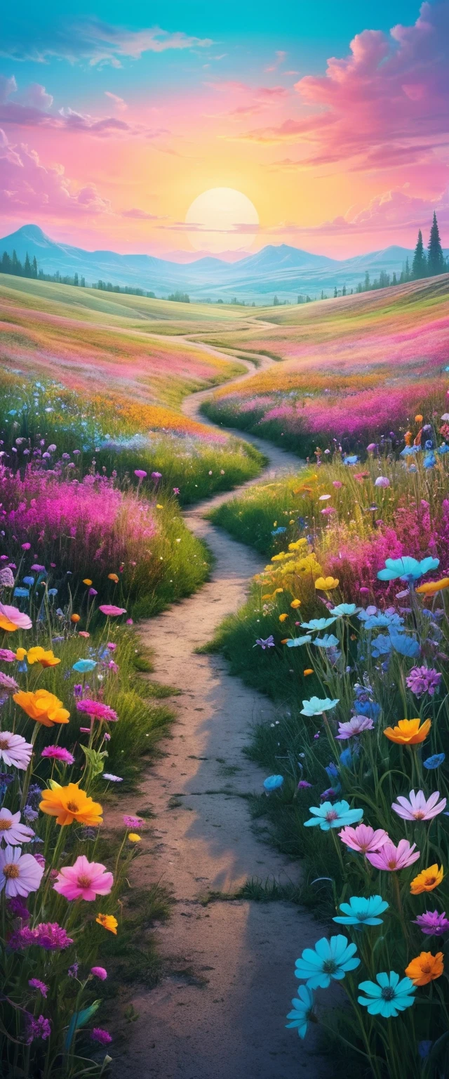 Dreamlike wildflower meadow stretching to the distant horizon