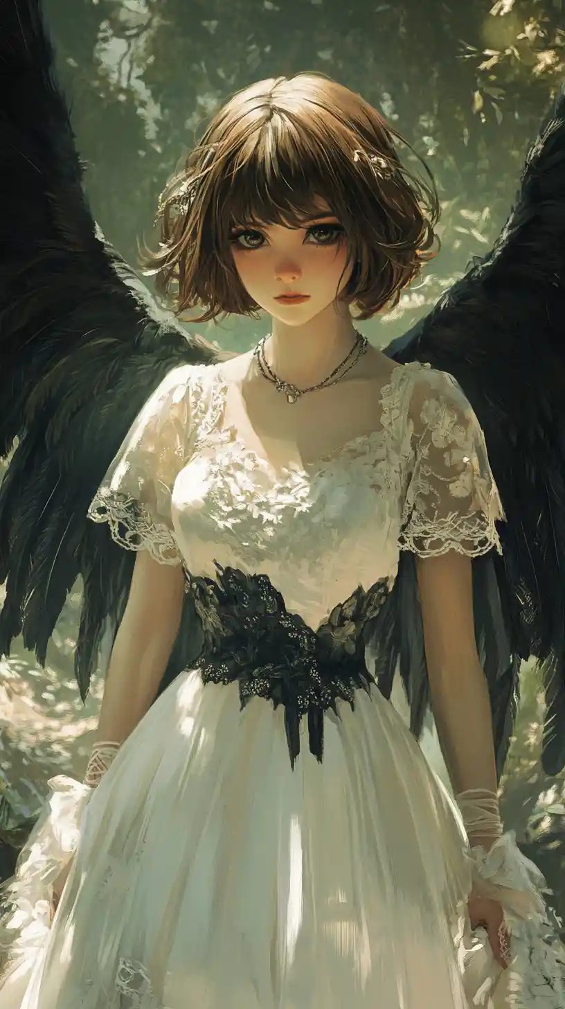 Winged anime girl in a lace dress in forest ruins