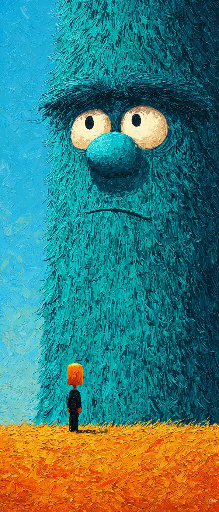 Giant teal monster towering over tiny suited figure