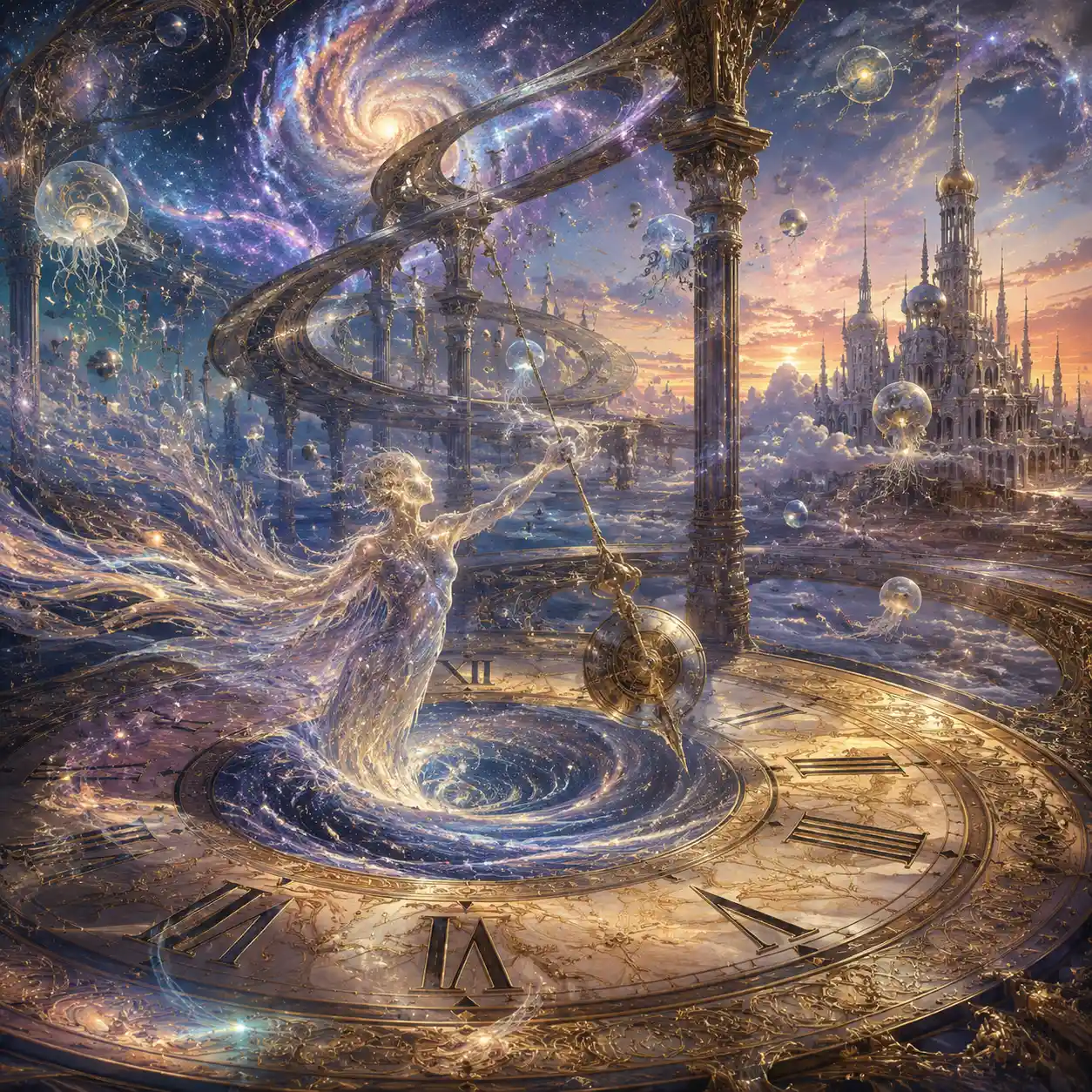 Surreal landscape with giant clock face and cosmic whirlpool