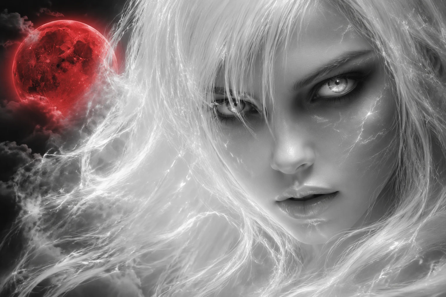 Ghostly white haired woman before a luminous blood moon