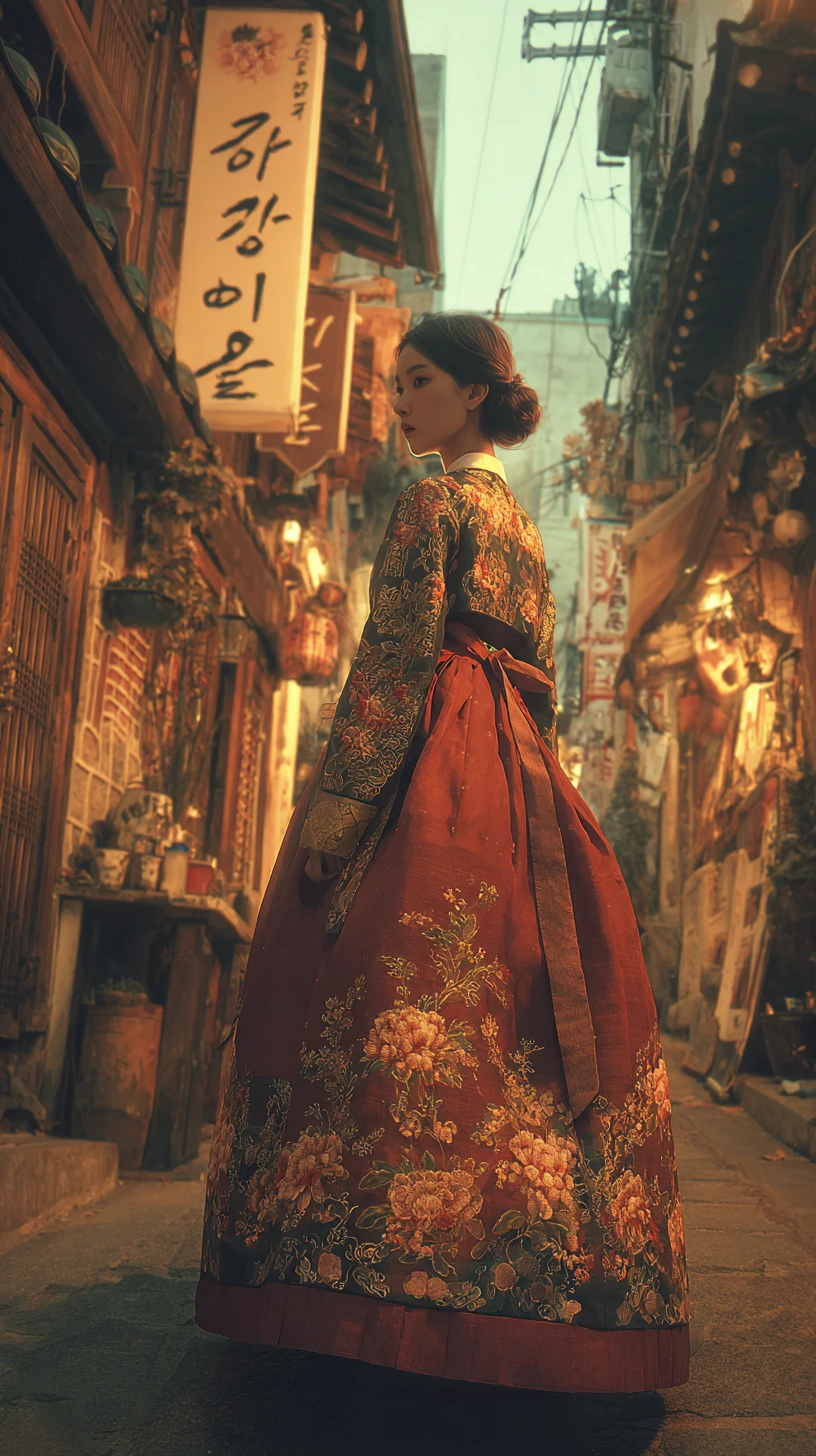 Gold embroidered hanbok with red ribbon in alleyway