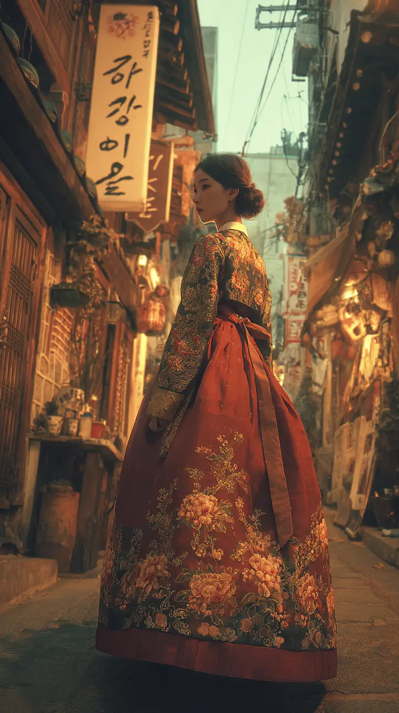 Gold embroidered hanbok with red ribbon in alleyway