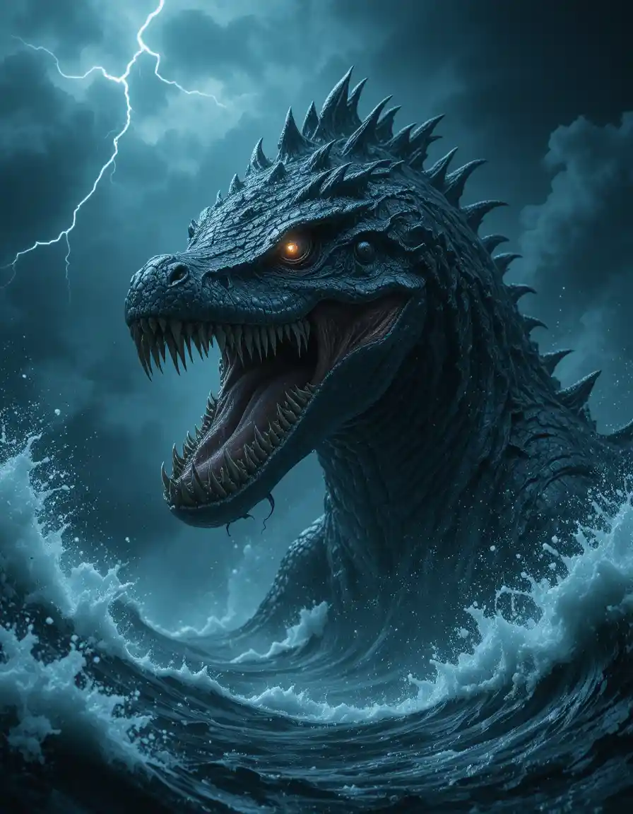 Ancient Sea Monster Rising From A Violent Storm Ocean