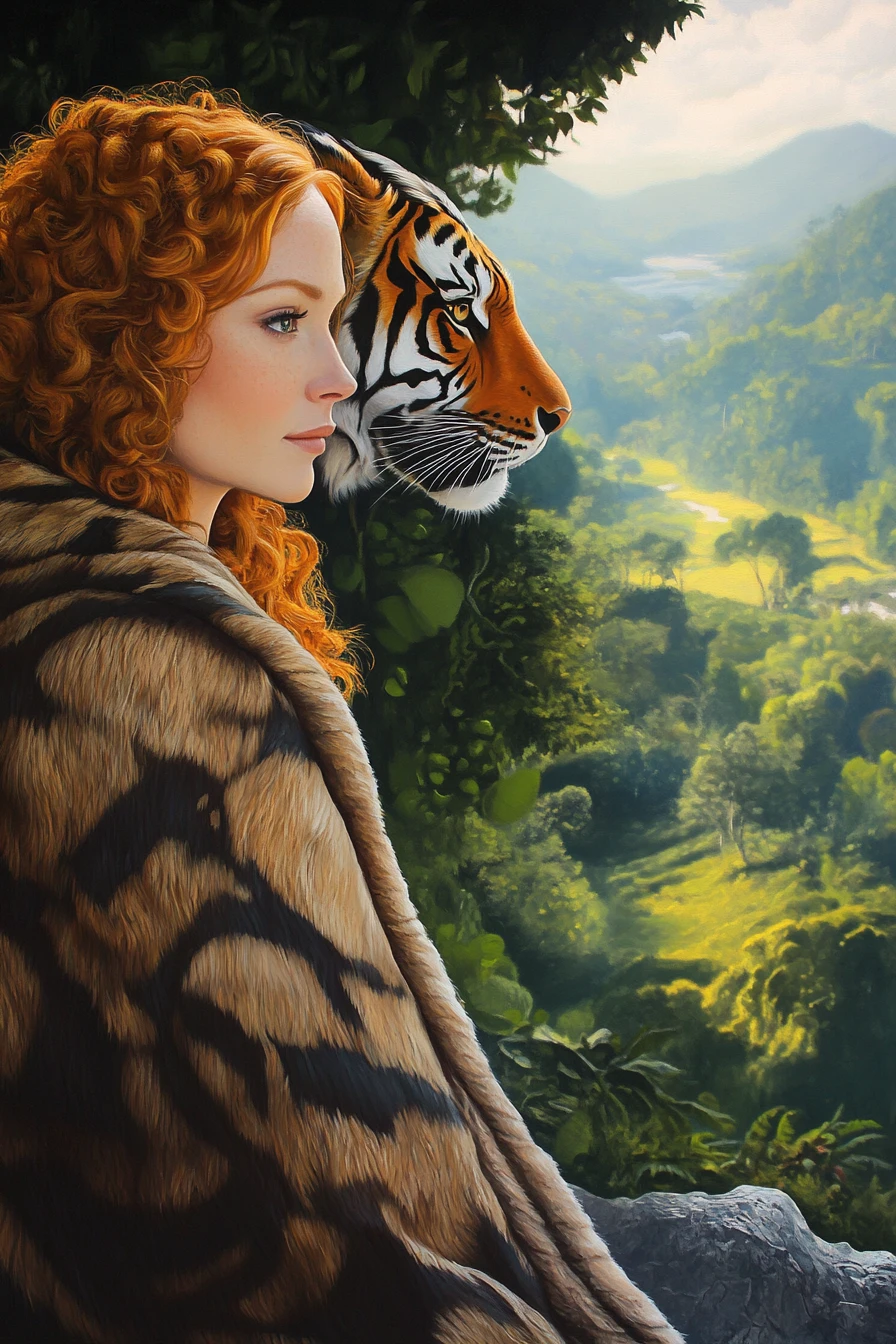 Woman in tiger hood gazing over lush green valley