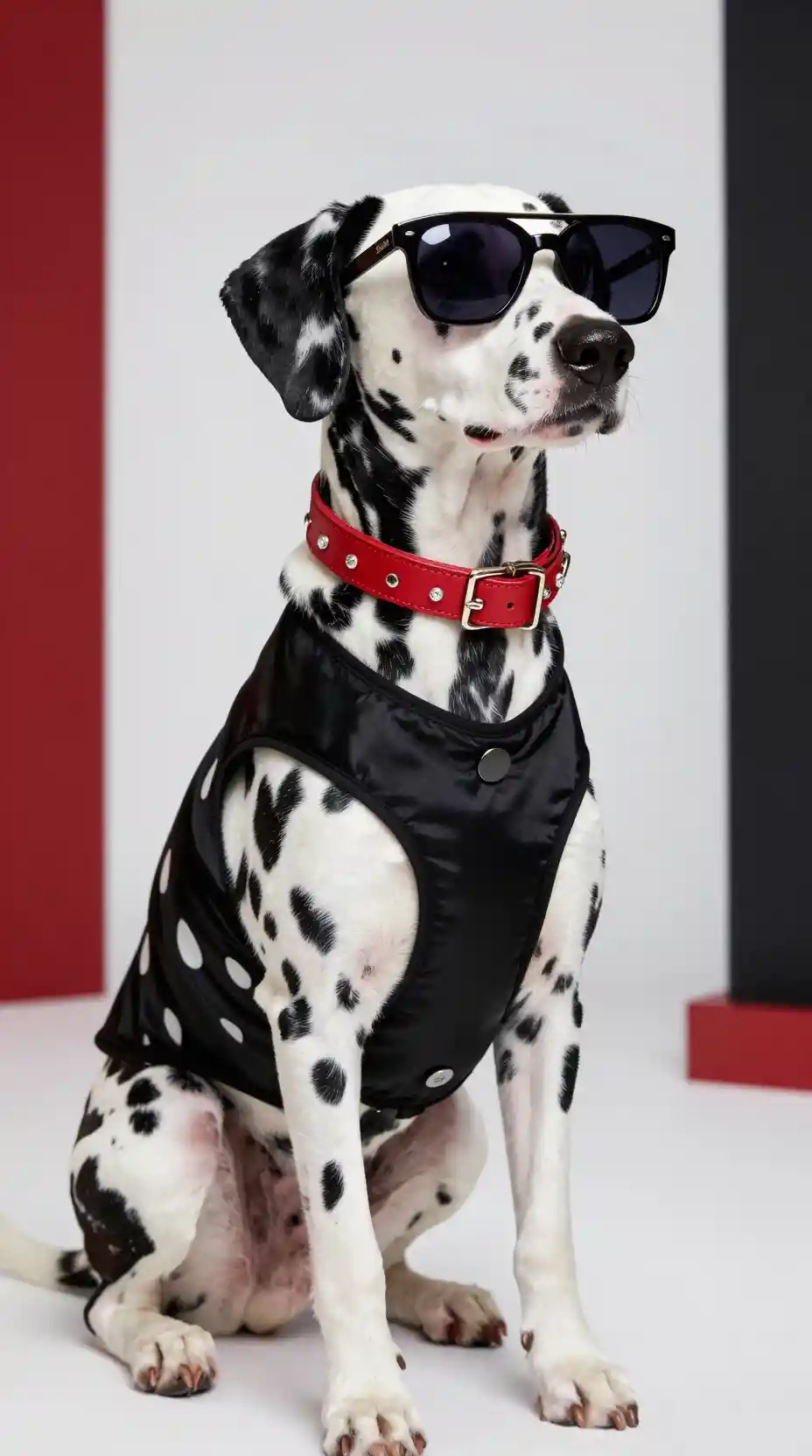 Dalmatian in sunglasses with red collar and black vest
