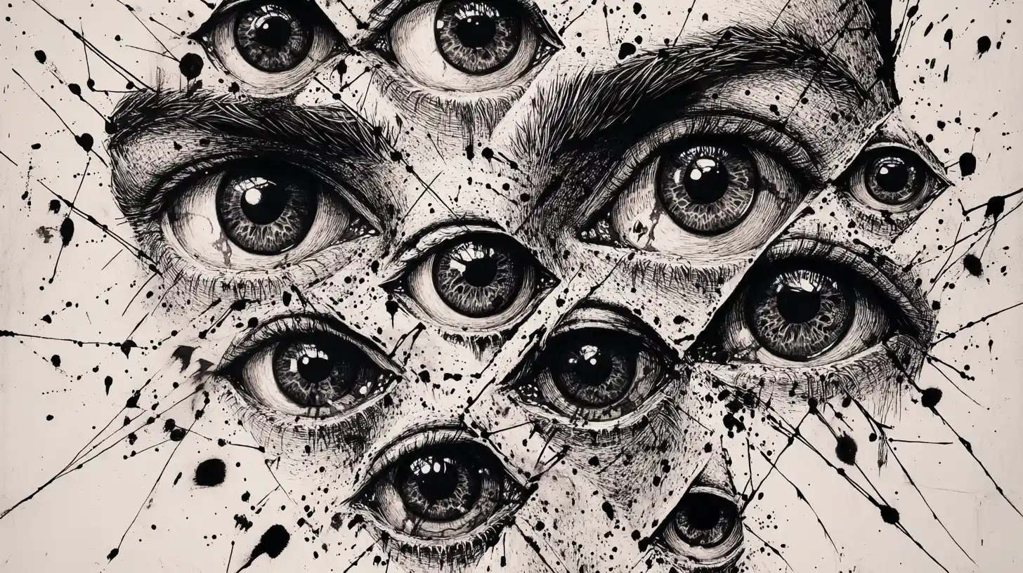 Surreal ink portrait with multiple watching eyes and cuts