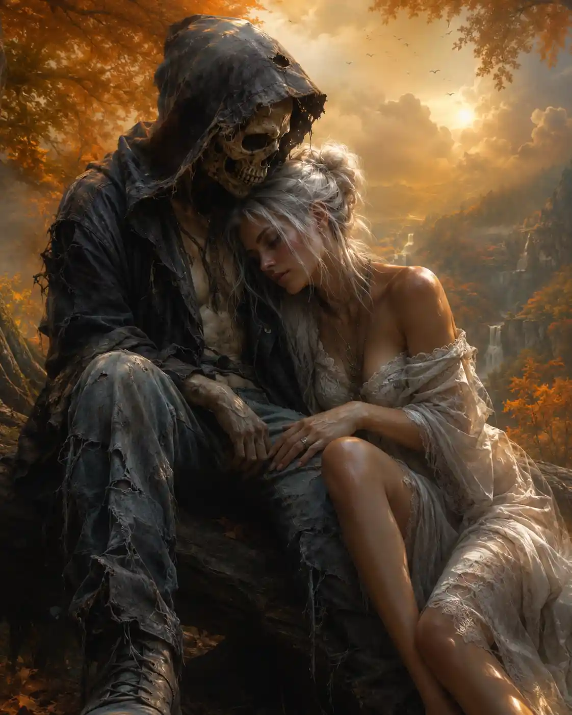 Romantic illustration of a reaper man and silver haired woman
