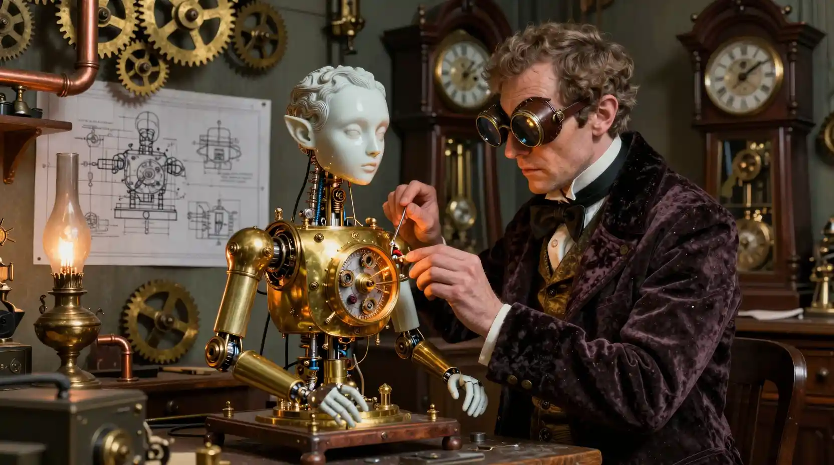 Victorian elf inventor finishing a conscious clockwork automaton
