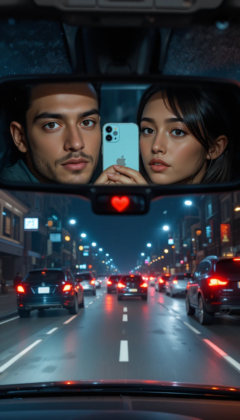 Night car interior with couple reflected in rearview mirror