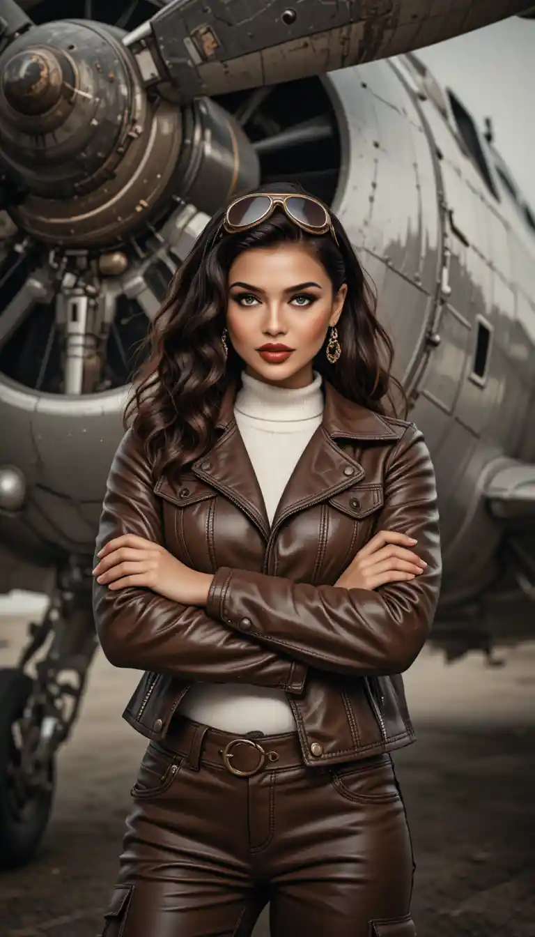 Confident young aviator in leather jacket by vintage aircraft