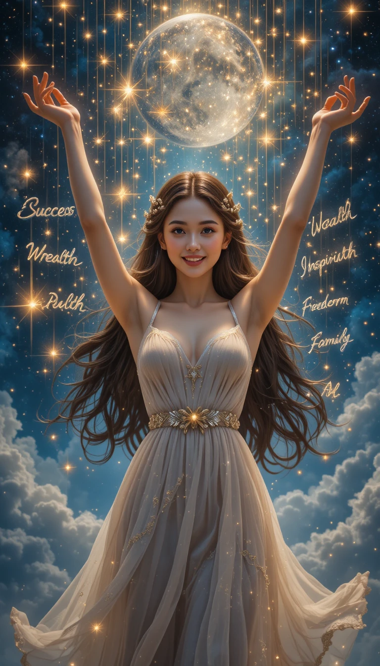 Young woman under a magical cosmic sky with falling stars