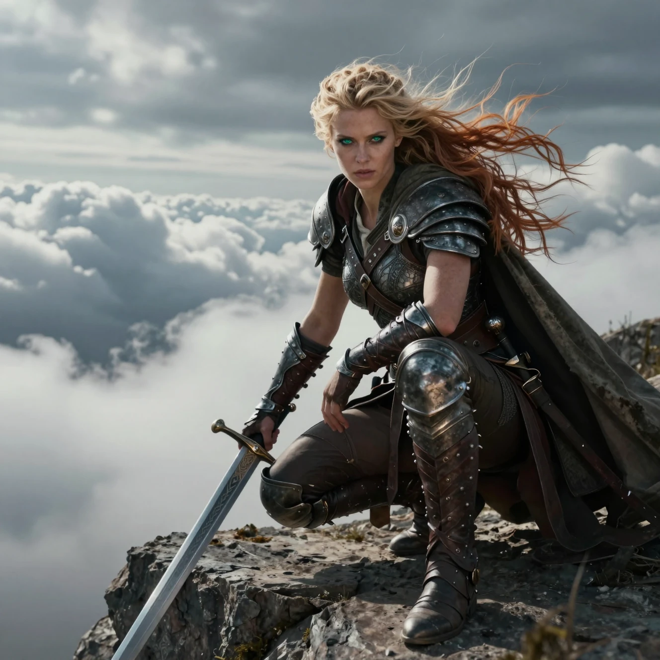 Defiant warrior woman on a cliff under swirling clouds