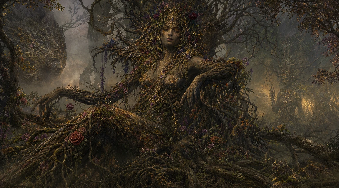 Ancient tree nymph woman fused with roots and wild flowers