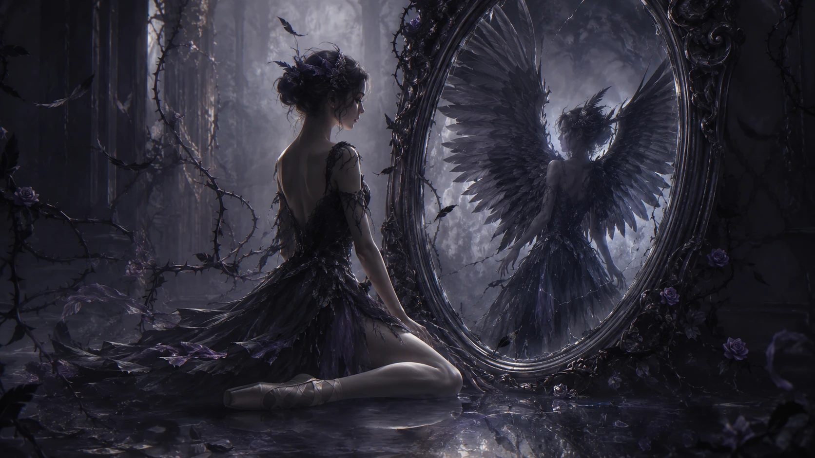 Elegante figura di ballerina tra piume e spine nella nebbia