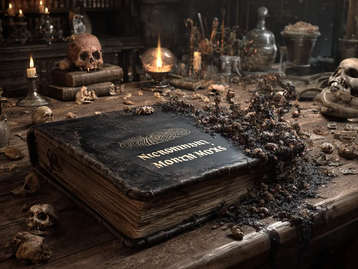Cursed Demon Filled Tome On Ancient Wooden Table