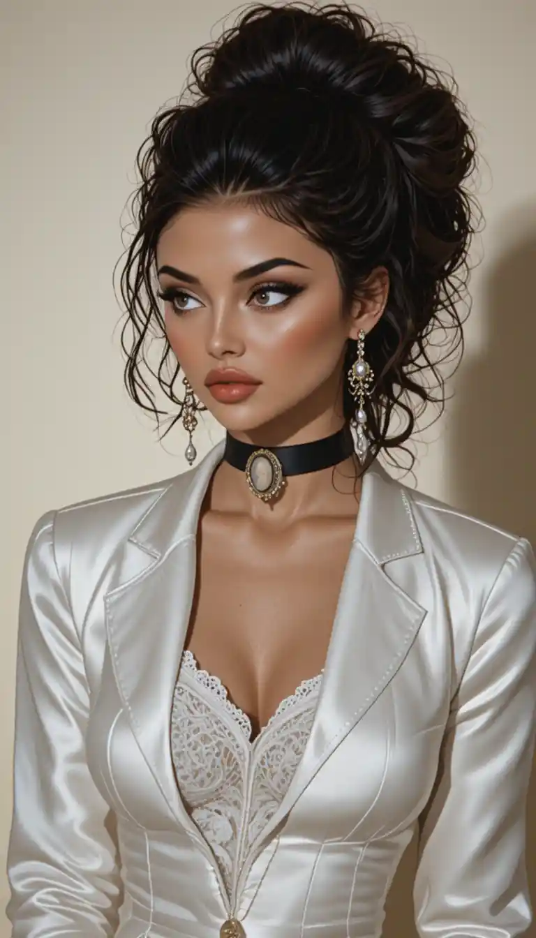 Elegant fashion portrait of woman in white satin blazer