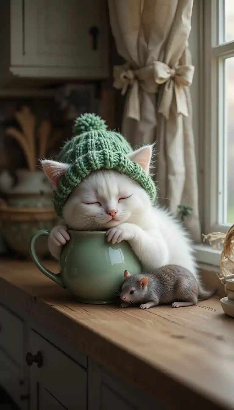 Cute white kitten sleeping with cocoa on kitchen table