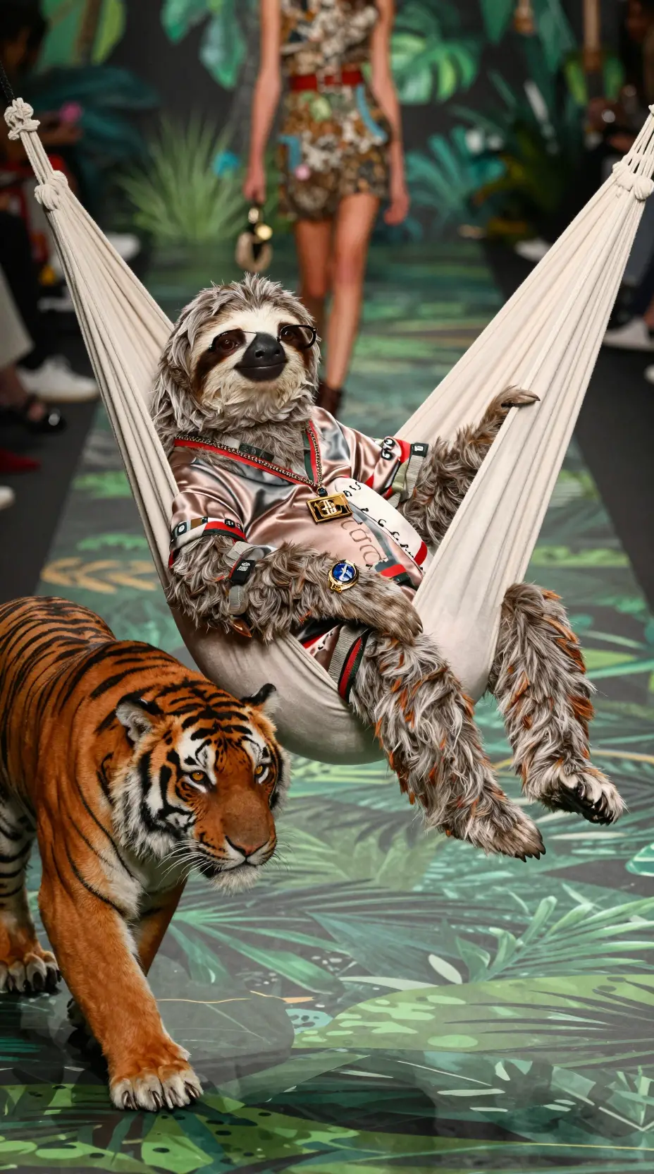 Sloth supermodel in silk hammock on jungle fashion runway