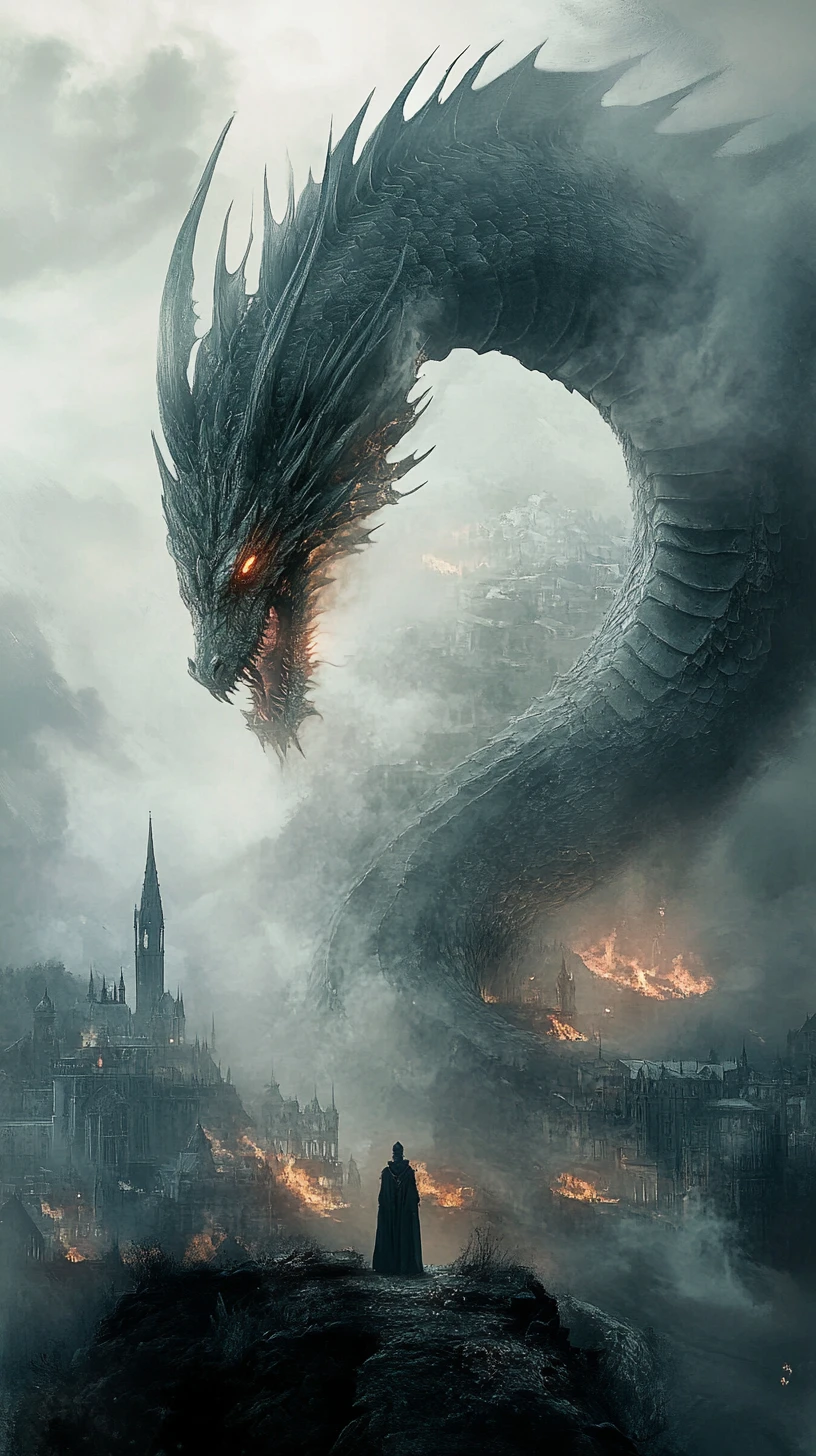 Colossal dragon encircling a gothic city of firelit ruins