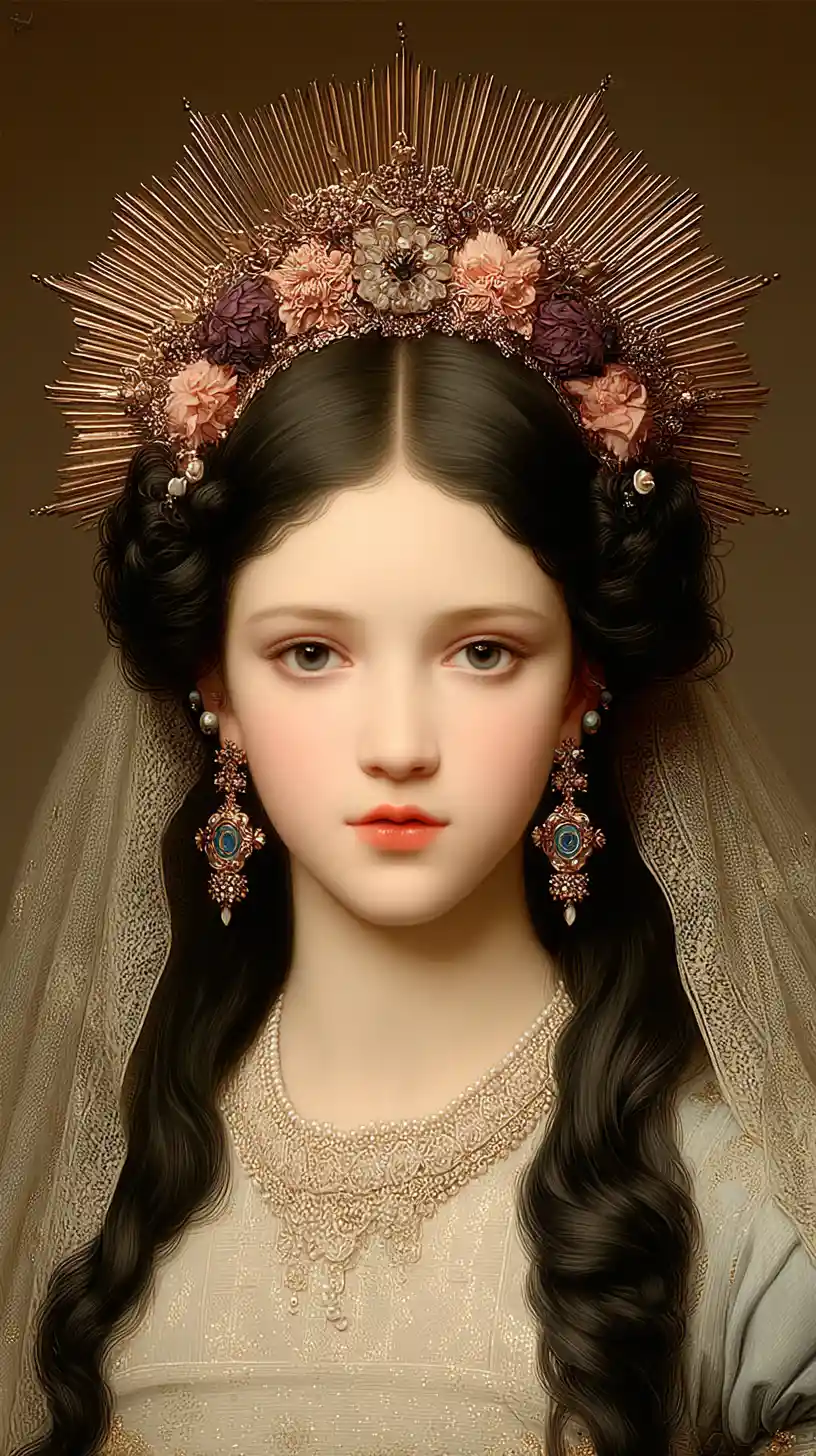 Regal woman with jeweled crown and shimmering gold veil