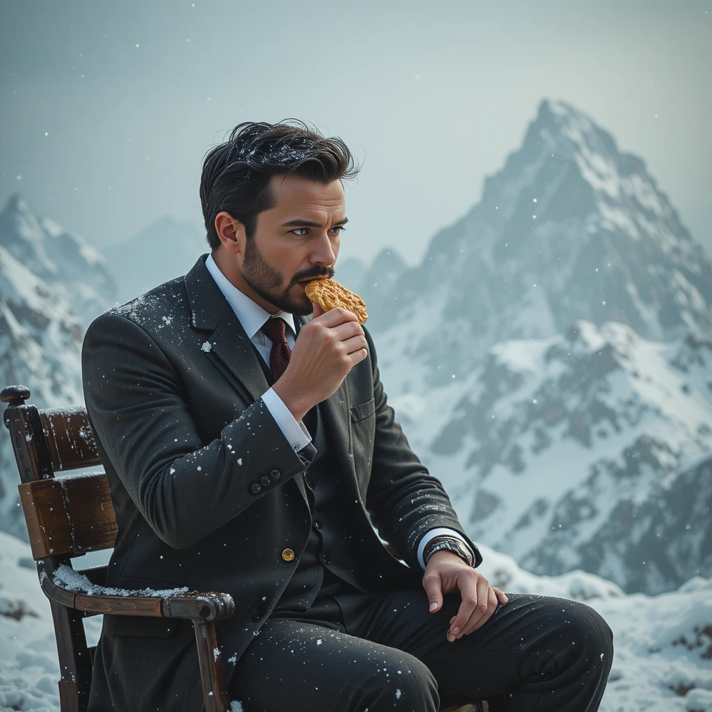 Man in suit eating biscuit on snowy mountain summit