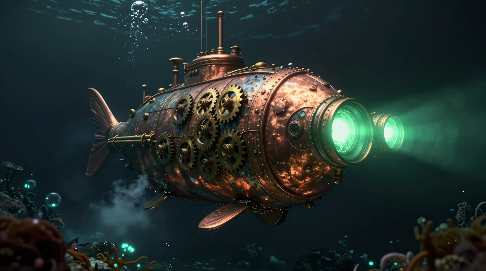 Steampunk Copper Submarine In A Dark Deep Sea Trench