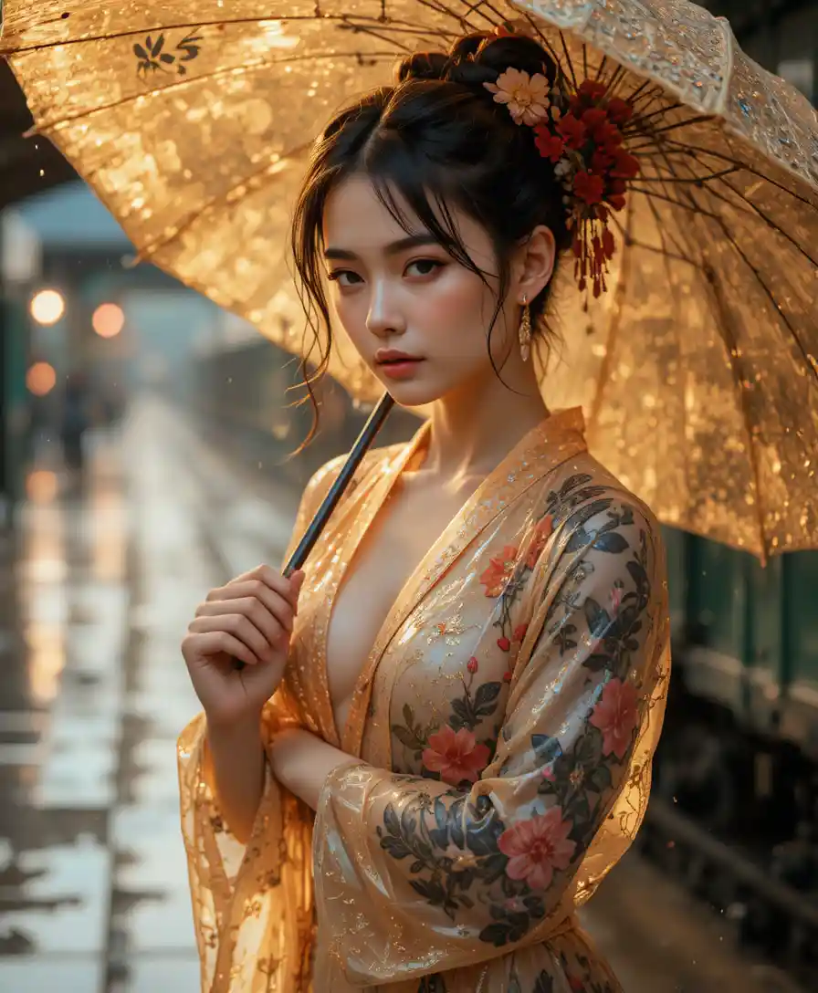 Sensual woman in sheer kimono at golden rain station