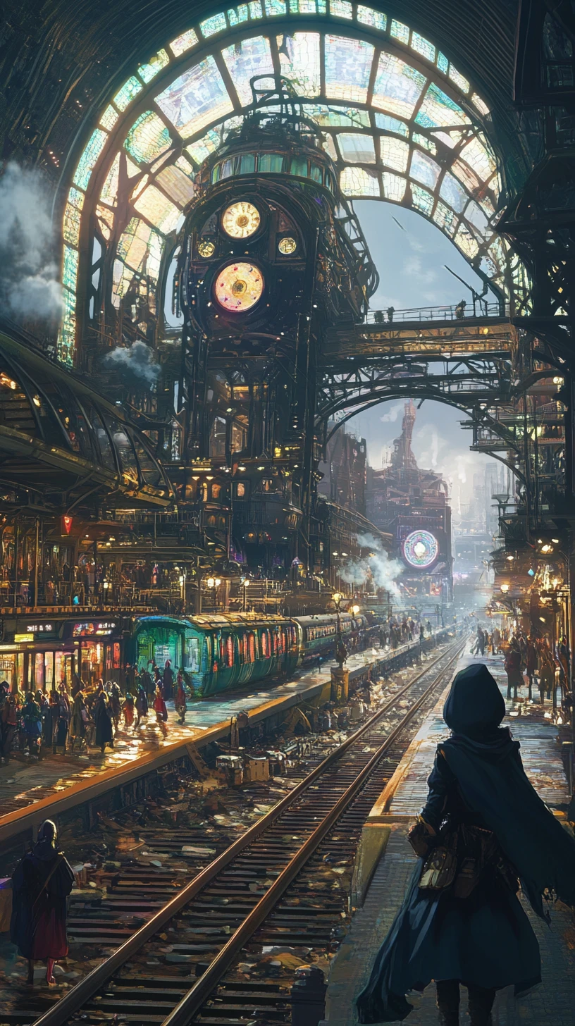 Anime girl in an old stained glass fantasy train station