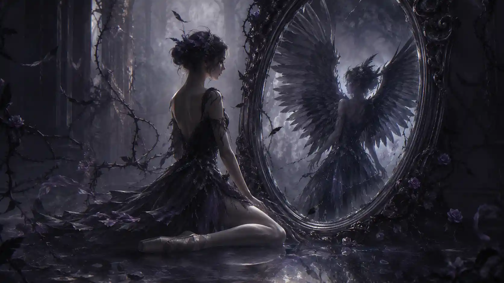 Elegant ballerina figure amid feathers and thorns in mist