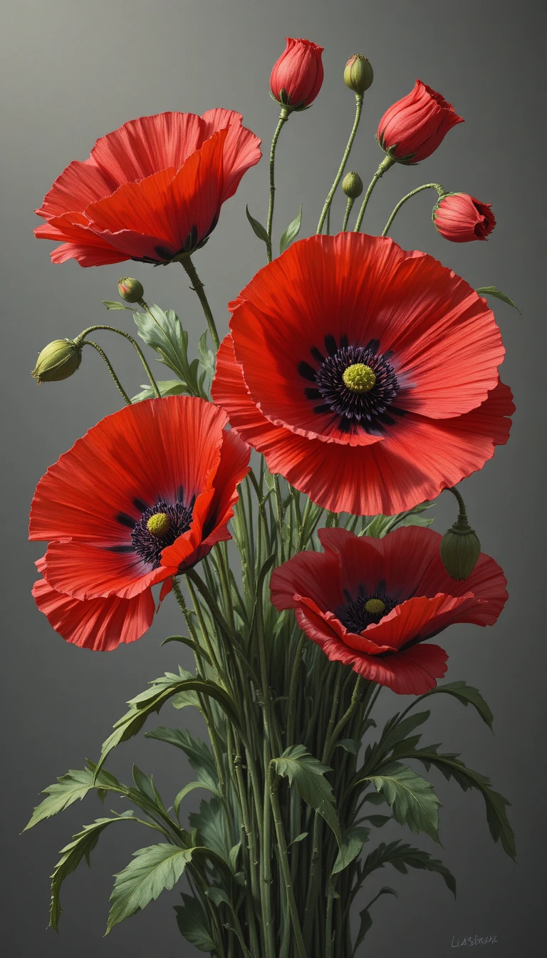 Lush red poppy bouquet oil painting with soft front light