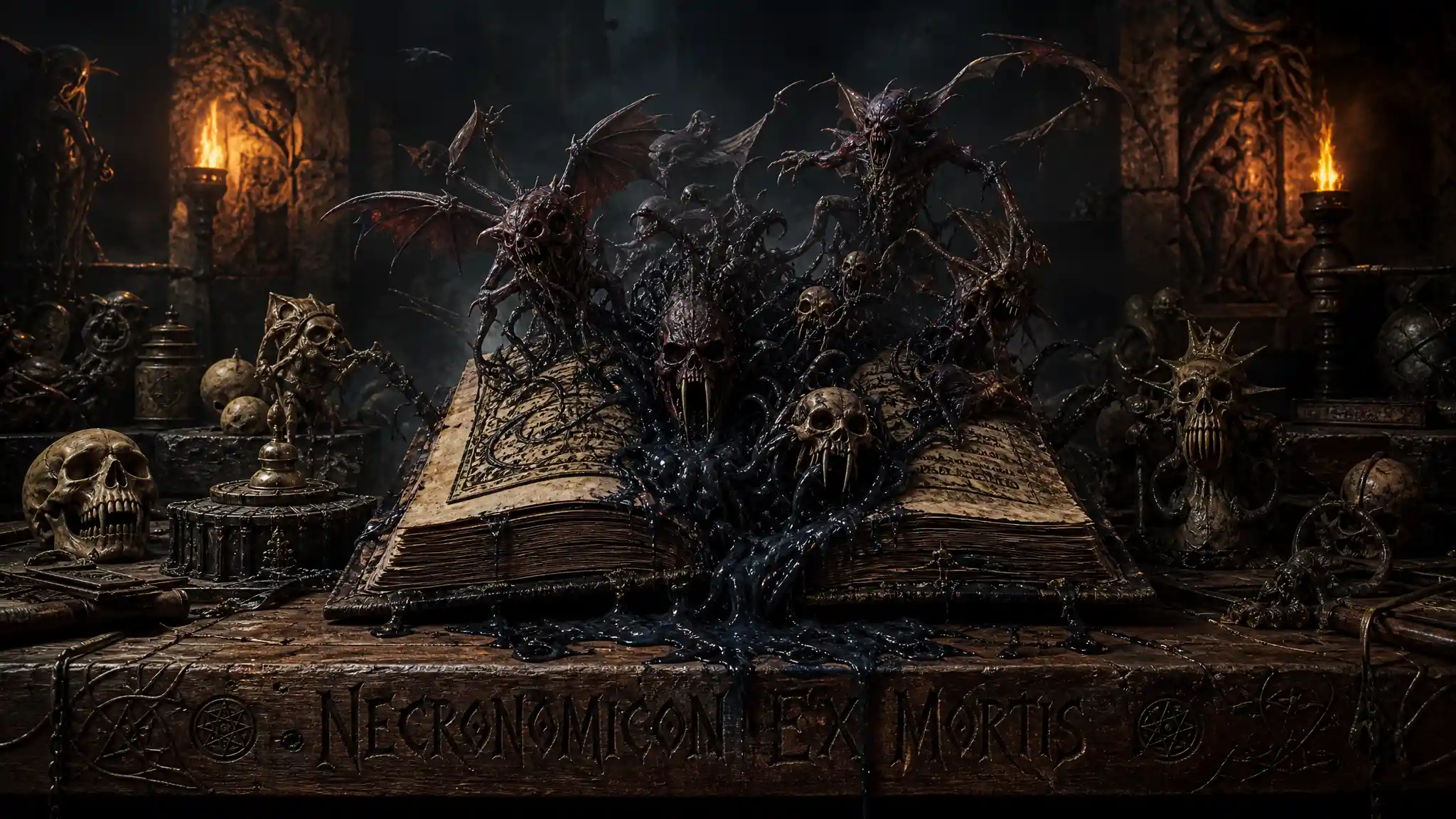 Inquietante scena 3D con un libro maledetto che libera demoni