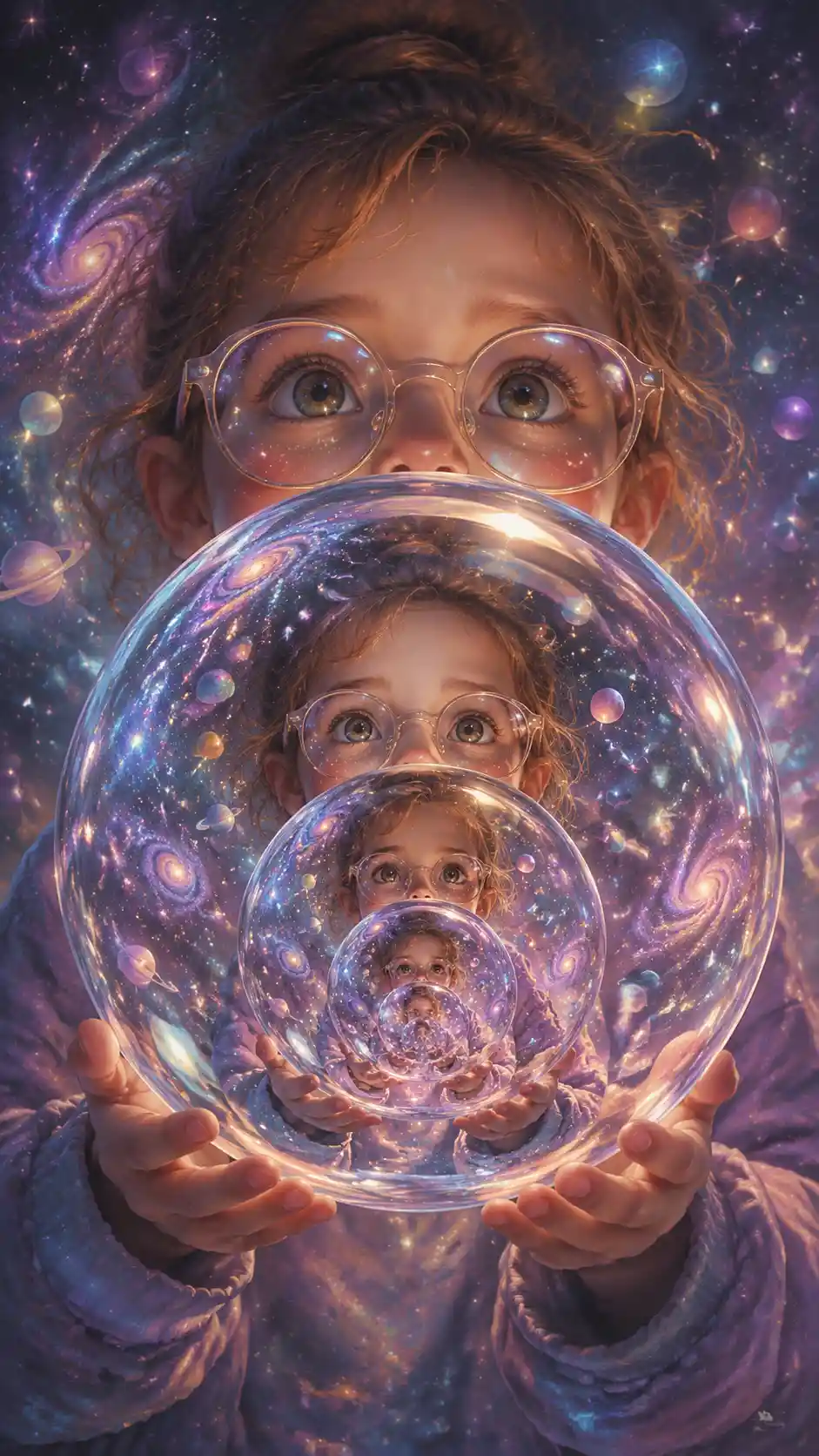 Girl With Infinite Cosmic Bubbles And Galaxies Reflections