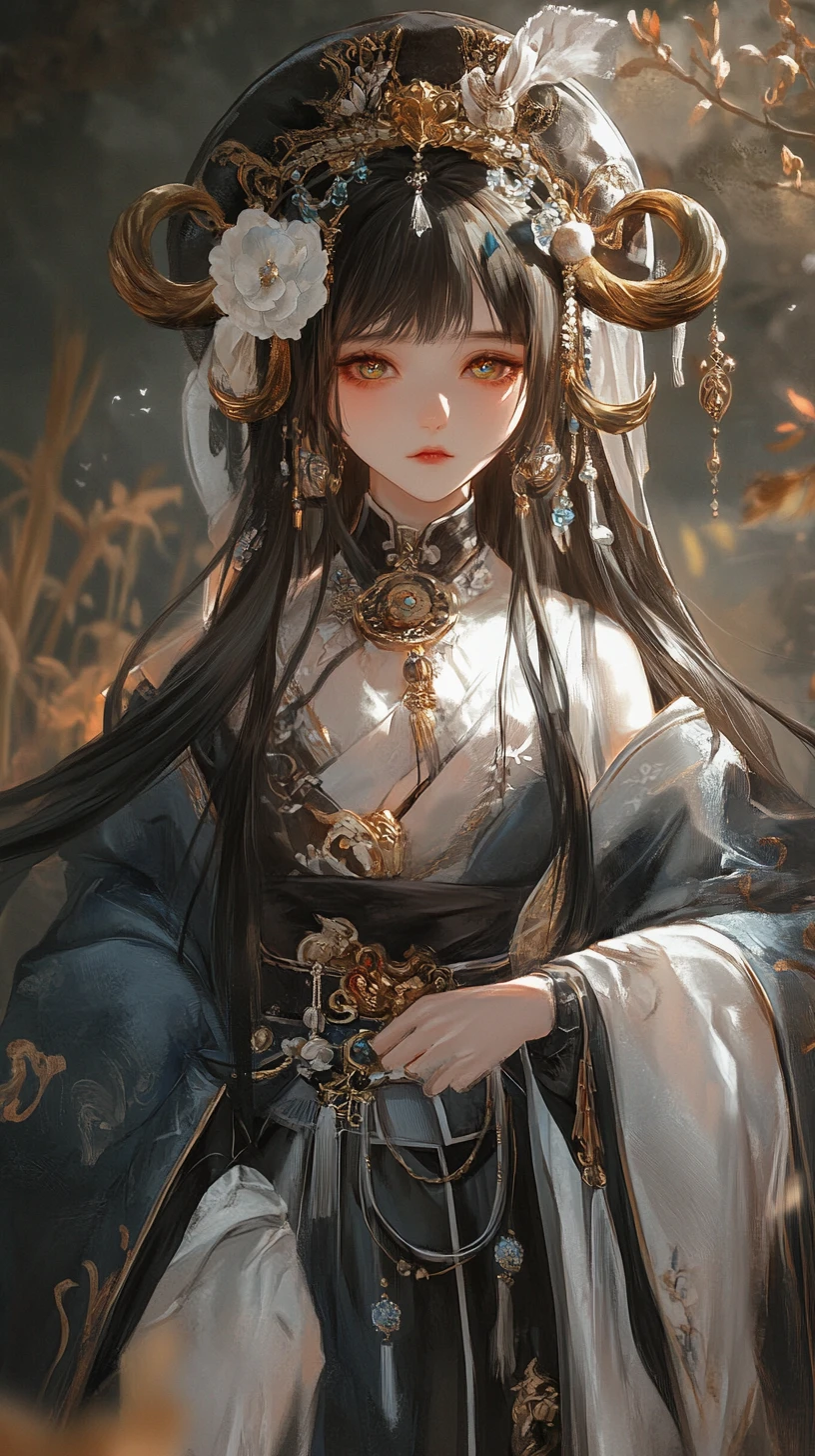 Elegant fantasy girl with staff before ancient forest temple