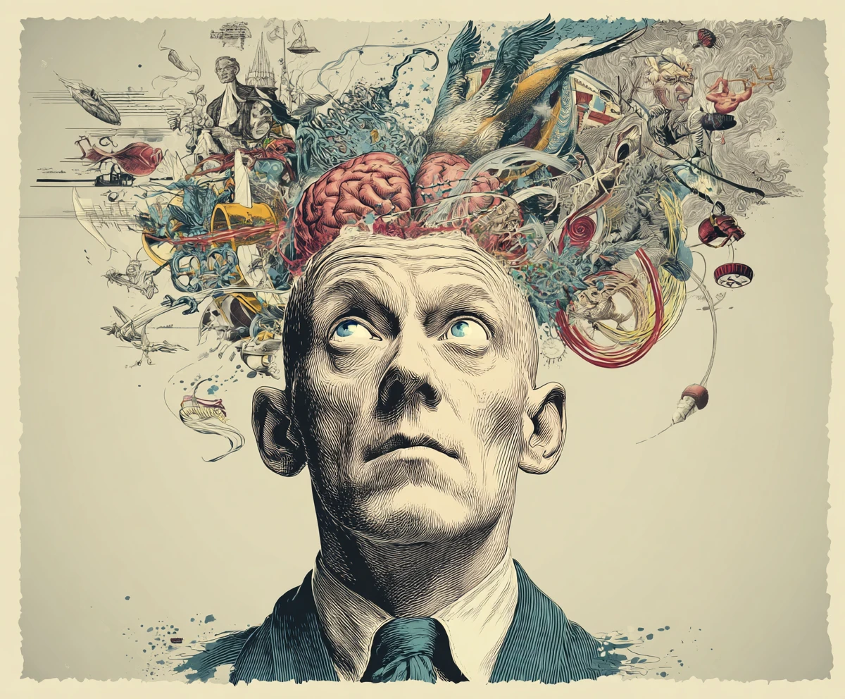 Surreal man with open skull and swirling angels and devils