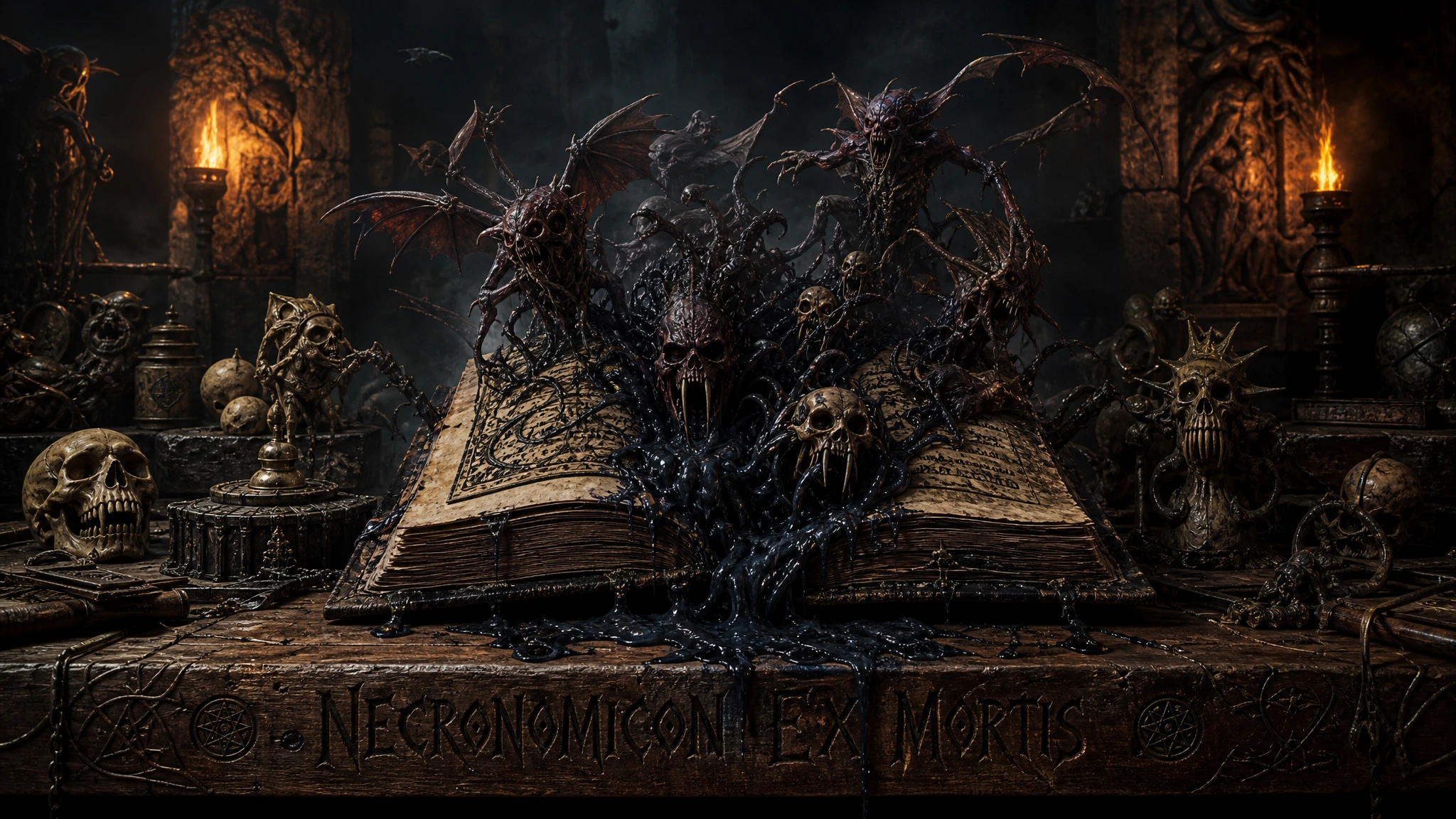Creepy 3D scene of a cursed book unleashing demons