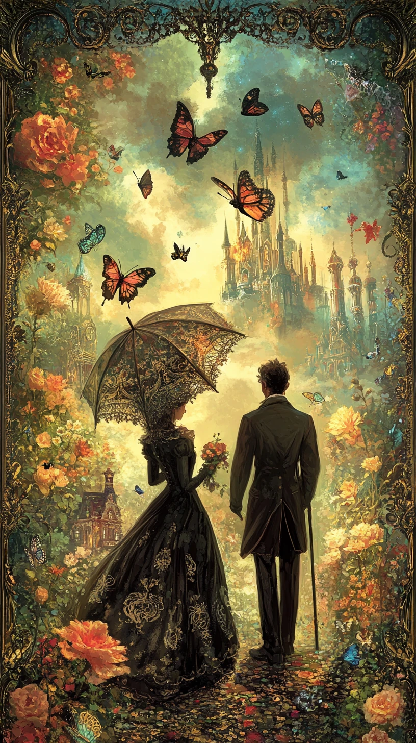 Victorian couple before a surreal mirror filled fantasy garden