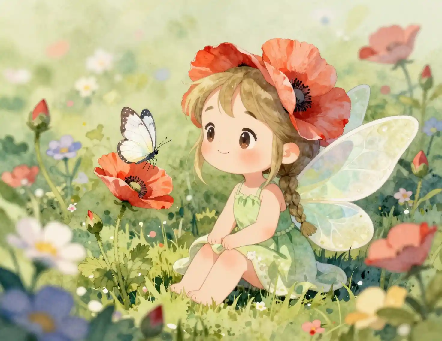 Chibi fairy girl watching a white butterfly in garden