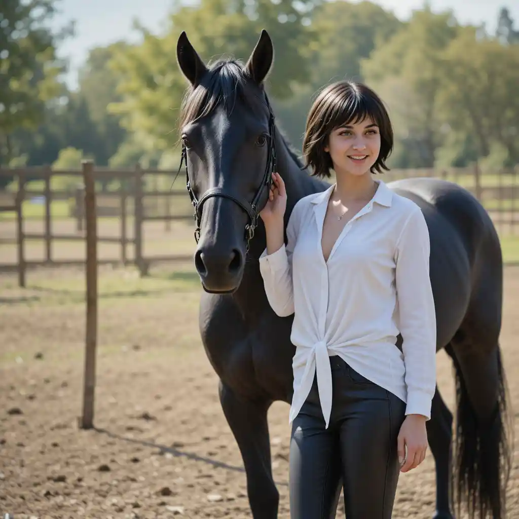 Young woman with black horse in a sunny paddock